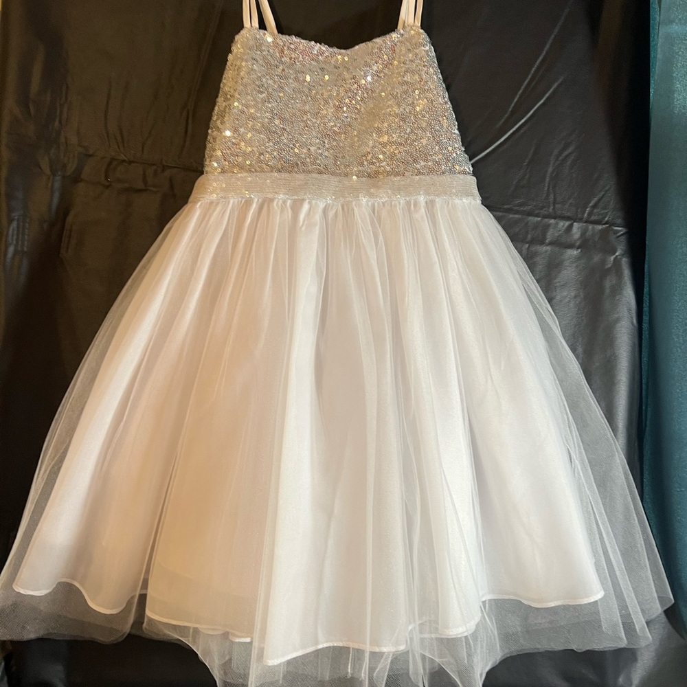 White tulle skirt with silver sequins bodice and back tie dress